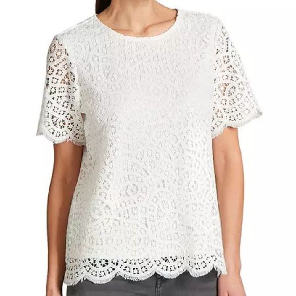 Philosophy | Lined Crew Neck Lace Short Sleeve Top | White | XL